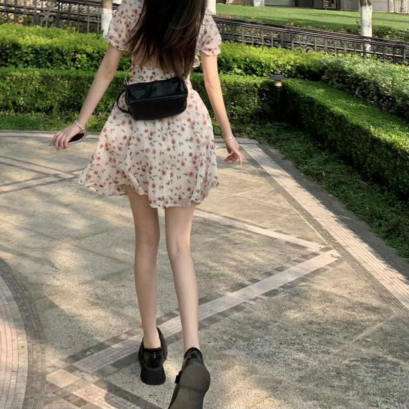 Summer Elegant Floral Dress Women Lace Up Designer Backless Sexy Mini Dress French Retro High Waist Chic Party Sweet Dress
