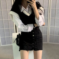 Knitted Vest Women  Korean style Chic retro college style Western style age-reducing hit color versatile V-neck vest commut