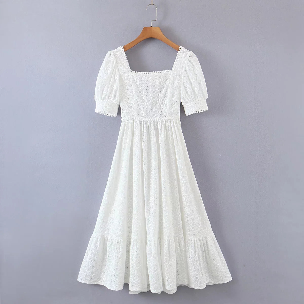 Elegant Embroidery Lace Dress Vintage White Summer Women Dresses Puff Sleeve Bandage Ladies Party Woman Dress Vestidos
