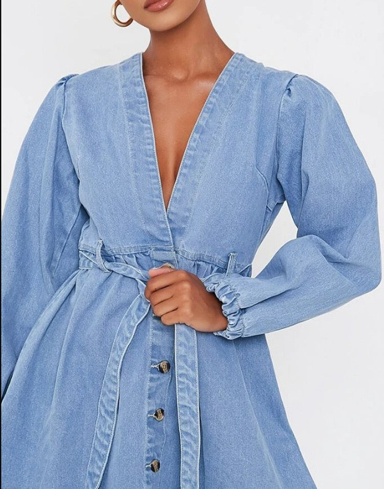 Lizakosht new women's denim dress long-sleeved cardigan V-neck big swing women's denim long-sleeved dress