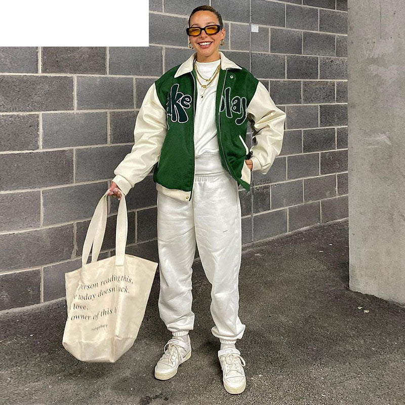 Autumn ‘TAKE A TRIP’ Bomber Jacket Women Grass Green Contrast Sleeve Bomber Jacket with Letter Applique Baseball Jacket