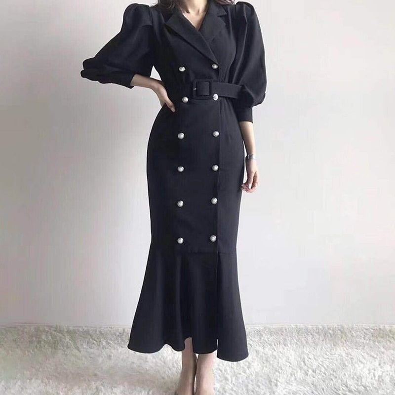 Pinkou Women Chic Mermaid Dress Bow Tie Belt Trumpet Shape Long Sleeve Double Breasted Ins Hot Female Midi Dresses QA35