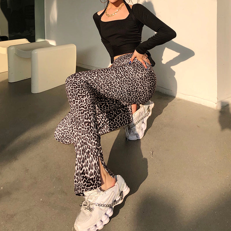 Y2K Pants E Girl Trousers Women Animal Leopard Flare Skinny Pant Two-layers Mesh Aesthetic Female Sweatpants Spring Lady Bottoms
