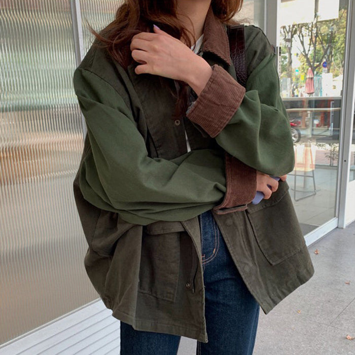 Lizakosht  Korean Thick Autumn Vintage Lapel Casual Style Loose Full Lantern Sleeve Coats and Jackets Women Army Green Streetwear