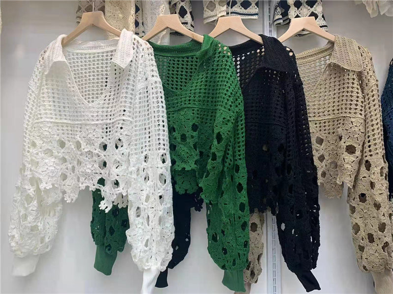 New  Spring Autumn Women Sweater Pullovers Knitted Korean Fashion Hollow Out Irregular Jumpers Short Tops