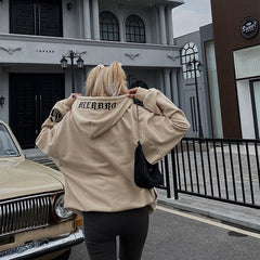 QWEEK Y2K Streetwear Beige Women Oversized Hooded Sweatshirt Harajuku Goth Print Hoodies Female E Girl Gothic Autumn 2021 Tops
