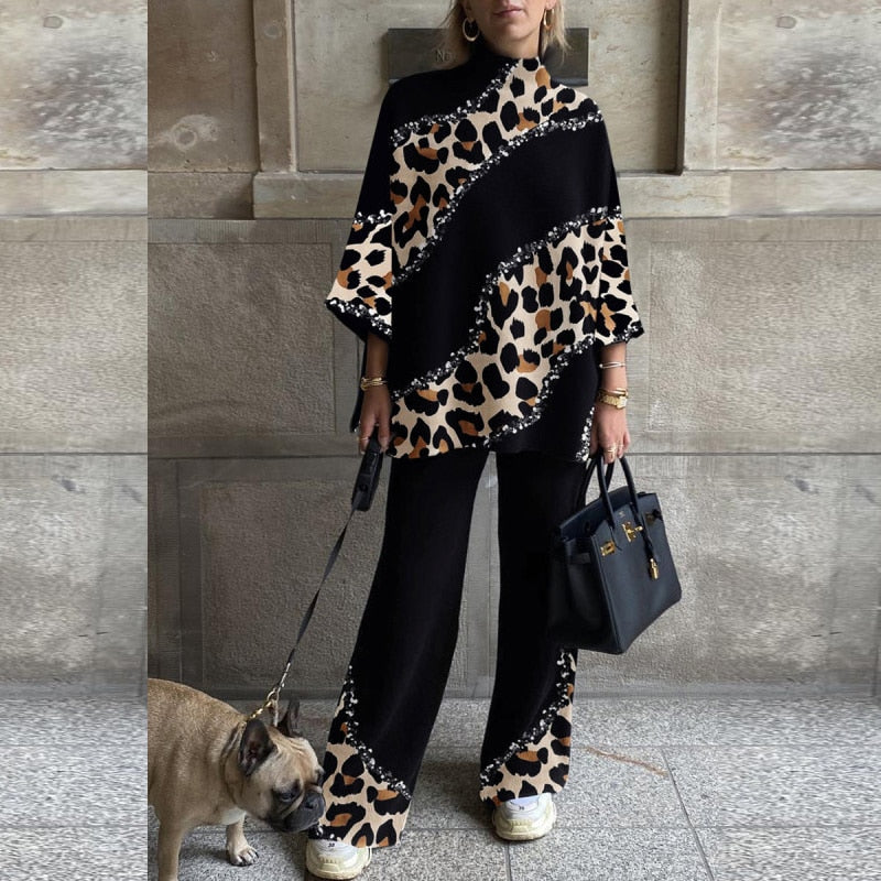 Fashion Turtleneck Hoodie And Wide Leg Pants Suit Elegant Pattern Print Tracksuits Outfit Women Long Sleeve Loose Two Piece Sets