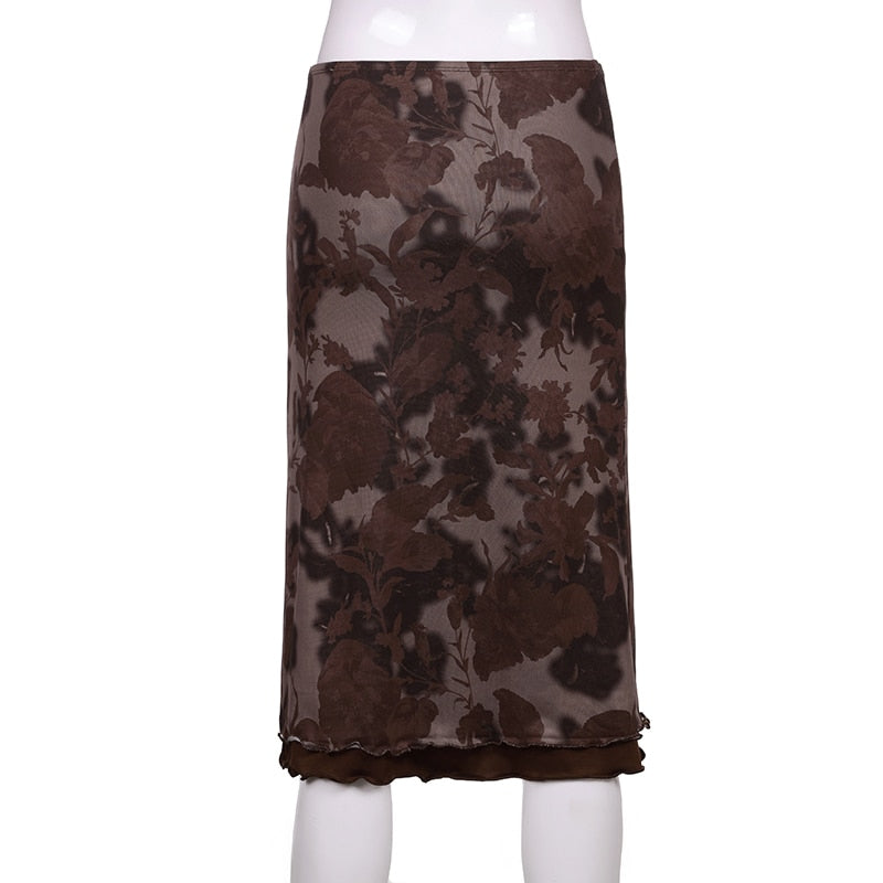 Lizakosht  Goth Girl Midi Skirts Womens Floral Print Vintage Aesthetic Kawaii Clothes Dark Academic Low Waist Mid-Calf Skirt