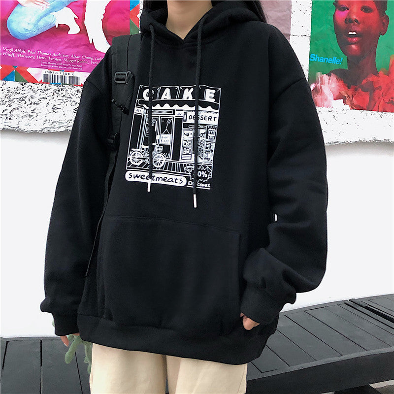 Hoodies Women Printed Thickening Hooded Plus Velvet BF Unisex Couples Pullover Sweatshirt Streetwear Hip-Hop All-match Oversize
