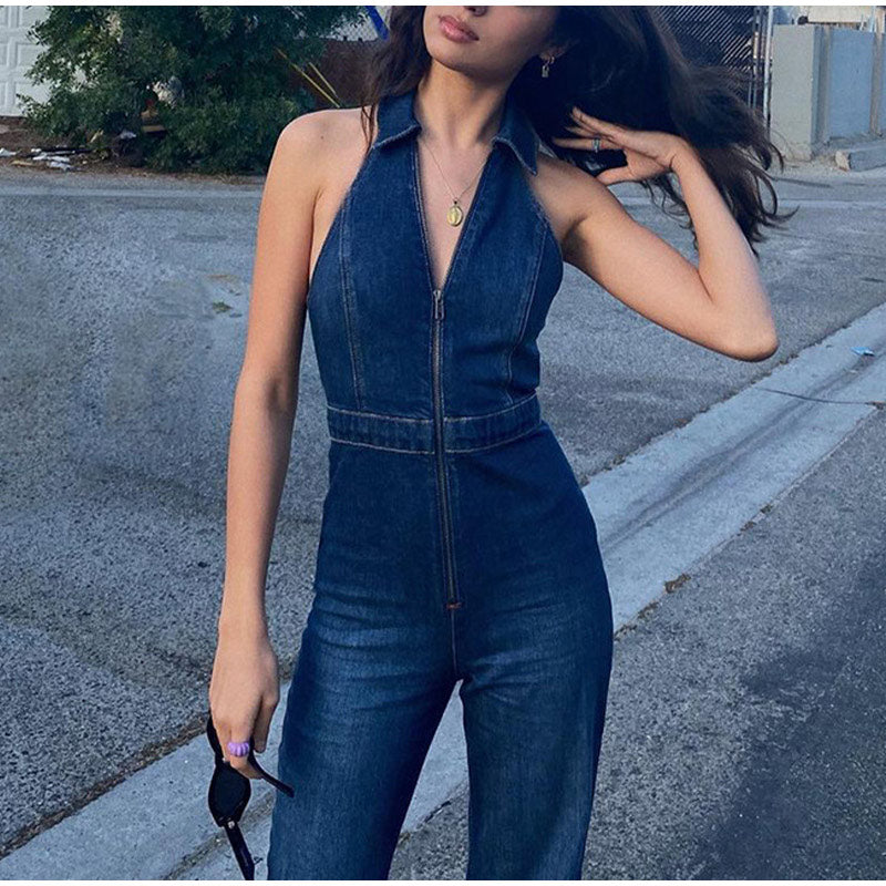Lizakosht Sexy Slim Denim Romper Women's Jumpsuit 2021 Autumn Halter Straight High Waist Jumpsuits Female Elegant Lady Party Club Rompers