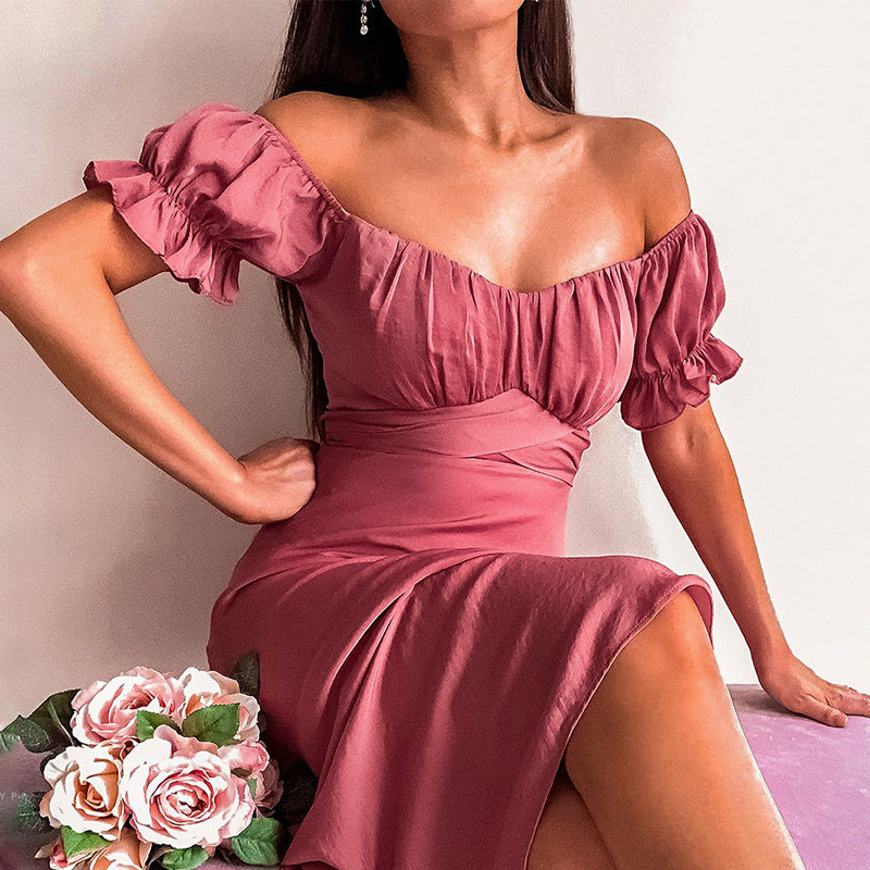 Lizakosht  2021 Summer's New Solid-colored Simple One-word Shoulder-length Skirt Summer Slash Neck  Puff Sleeve  Dresses for Women