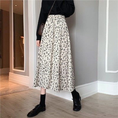 Vintage Floral Print A-line Pleated Long Skirts winter Women Korean Skirt Streetwear Drawstring Elastic Waist Midi Skirt lined