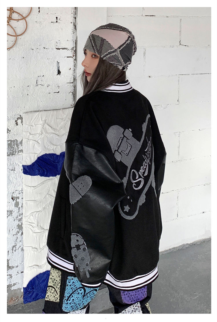 Splicing leather Bomber Jackets Women Coat Couple Baseball Jacket Autumn Unisex Boyfriend Style Varsity Hiphop Streetwear
