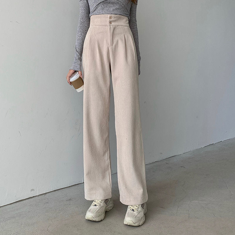 Hstar High Waist Double Button Loose Female Straight Leg Trousers Casual Pantalon Femme Pant Fashion Women Corduroy Long Pant