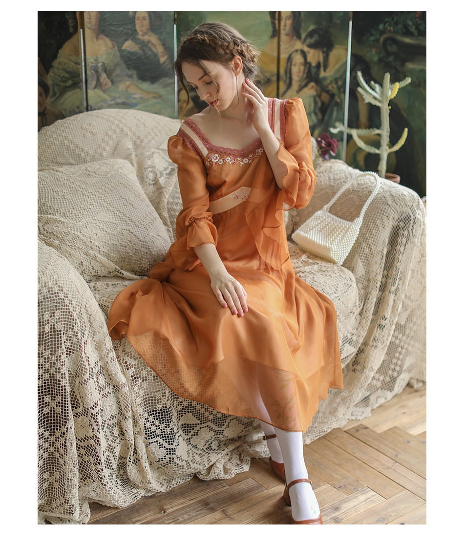 Lizakosht Spring Autumn Dress Women Vintage Elegant Slim Midi Dress Sweet Mori Girl Retro Embroidery Long Sleeve Lace Patchwork Long Dress