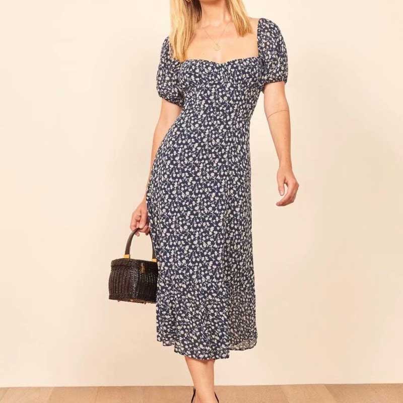 Lizakosht beige floral elegant women dress Square Collar High Waist summer dress Slim Fit Casual ladies dress chic dress