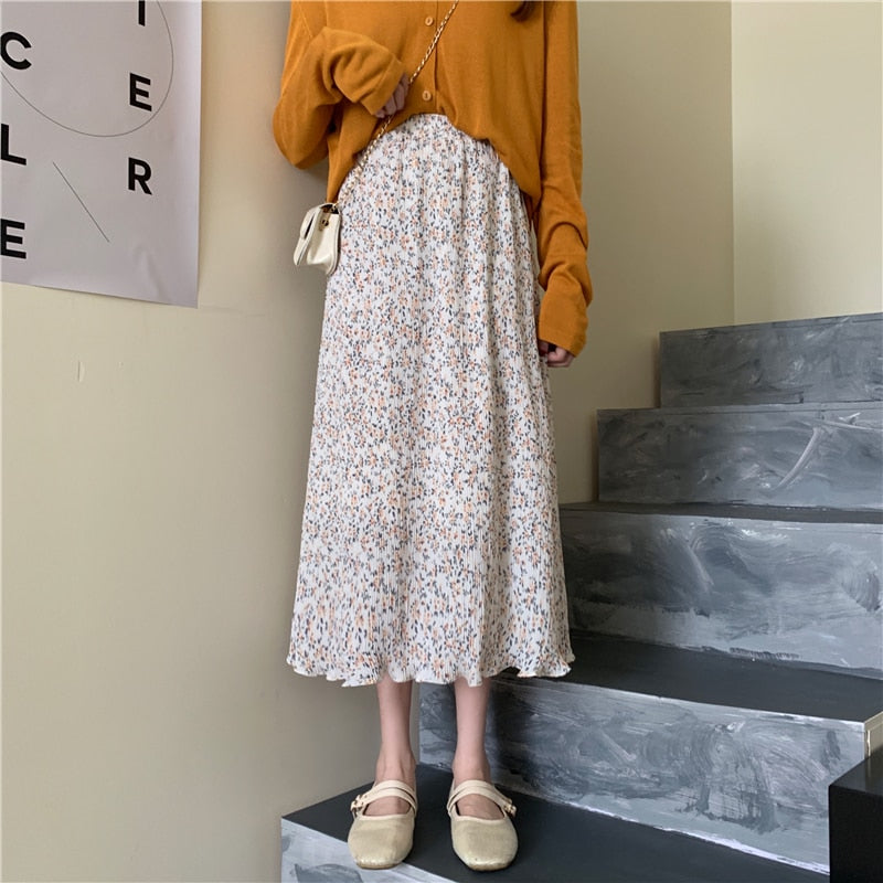 Vintage Floral Print A-line Pleated Long Skirts winter Women Korean Skirt Streetwear Drawstring Elastic Waist Midi Skirt lined
