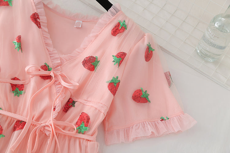 Sweet Elegant Strawberry Dress Women Summer 2022 Pink Beach Boho Party Midi Dress Ruffle Kawaii Korean Casual Vacation Clothing
