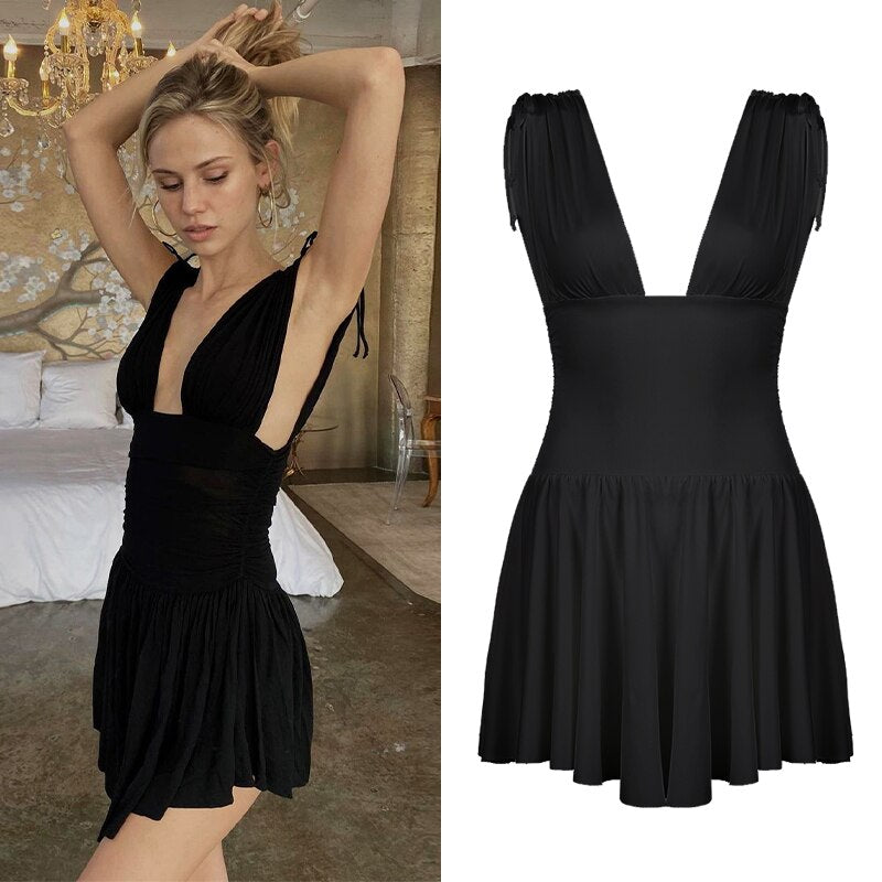 Party Night Clubwear Summer Dress Elegant Fashion Solid Pleated Deep V-Neck Sleeveless Mini Dresses For Women 2022 Lady