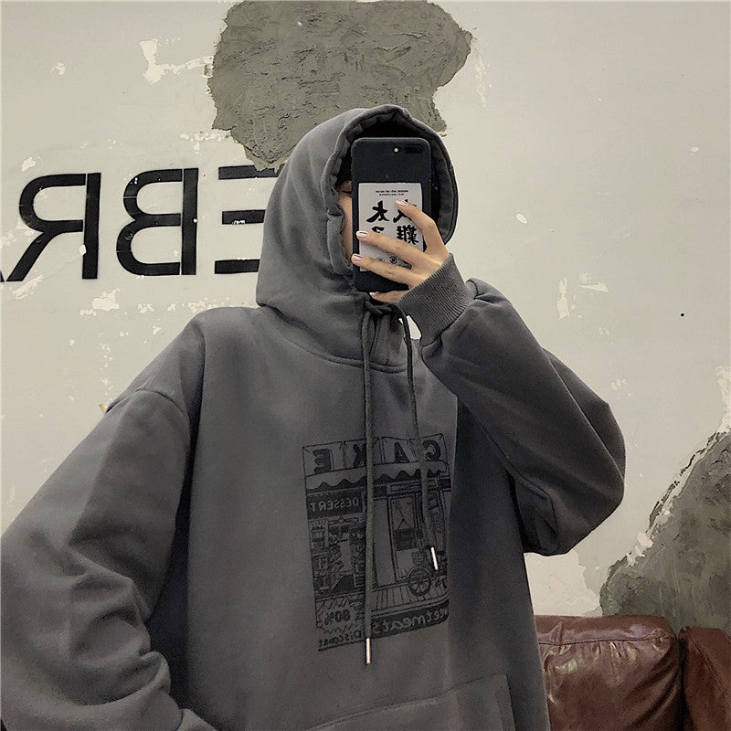 Hoodies Women Printed Thickening Hooded Plus Velvet BF Unisex Couples Pullover Sweatshirt Streetwear Hip-Hop All-match Oversize