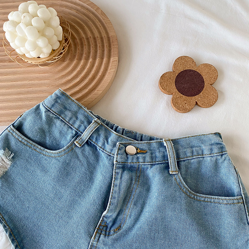 Lolita Girls Blue Denim Lace Two Piece Set Y2K Women Bustier Camis Crop Top High Waist Shorts Outfits Sexy Femenino 2 Piece Set