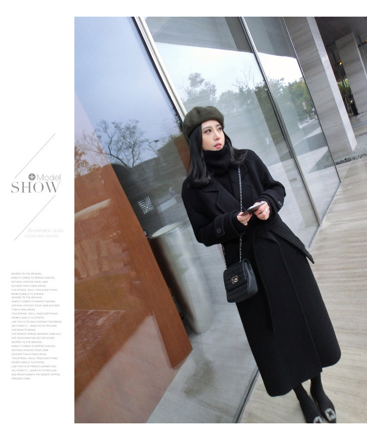 Fall/Winter 2021black woolen coat women's fashion coat loose belt temperament is thin casual wool coat trench  Office Lady Long