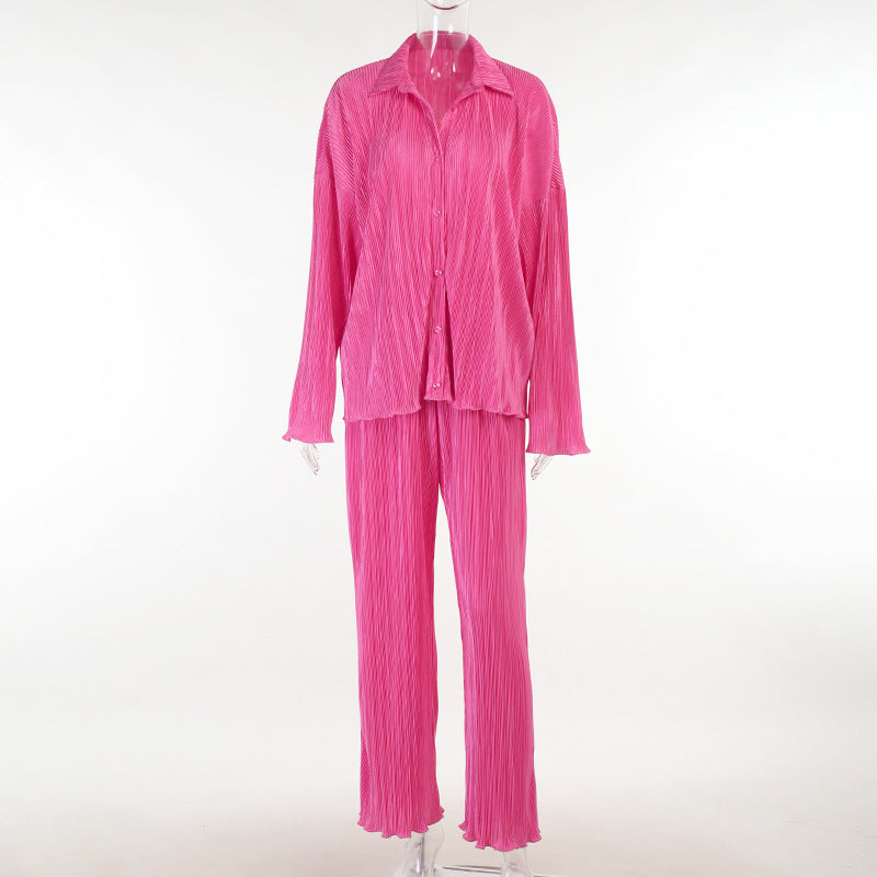 Lizakosht New Luxury Pleated Women's Set Oversized Two Piece Set Turn Down Collar Shirt Top And Pants Sets Casual High Street
