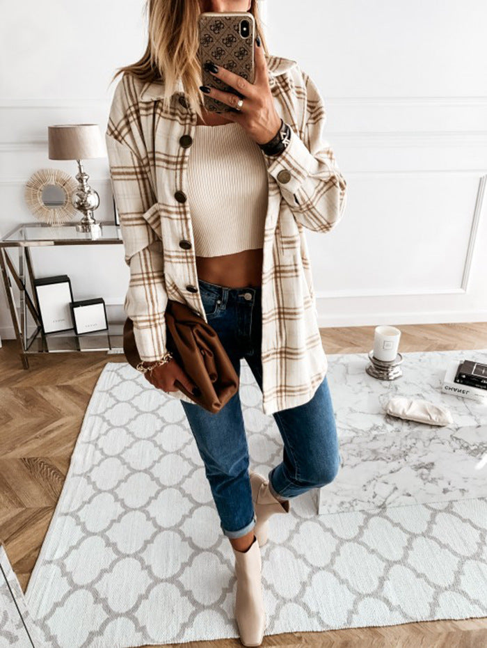 Fashion Women Long Sleeve Plaid Shirt Coats Top Spring Autumn Casual Lapel Cardigan Jackets Outerwear Streetwear