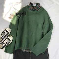 New Women Vintage Dark Green Sweater Fall Winter Round Neck Fluffy Pullover Tops Woman Korean Loose Long Sleeves Jumpers