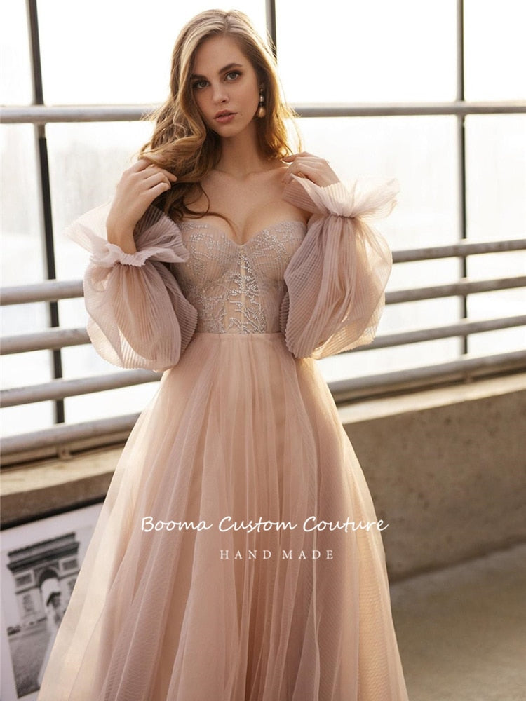 Lizakosht  Sweet Dusty Pink Prom Dresses Off Shoulder Long Sleeves Princess Party Dresses Pleated Tulle A-Line Formal Evening Gowns