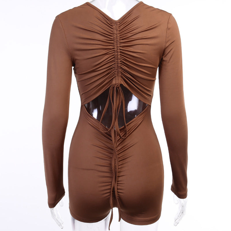 hirigin Women Lace Drawstring Pleated Bodycon Playsuits Sexy Hollow Out Backless Long Sleeve Jumpsuit Clubwear Female Bodysuit