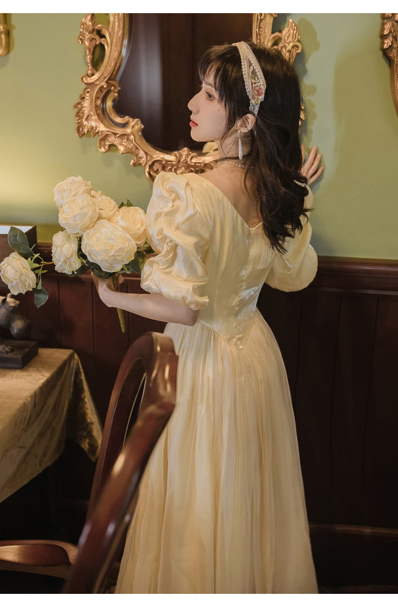 Lizakosht  Vintage Elegant Appliques Bell Yellow A Line Princess Dress Puff Sleeve Fitness Casual Midi Long Dress Vestidos Chic