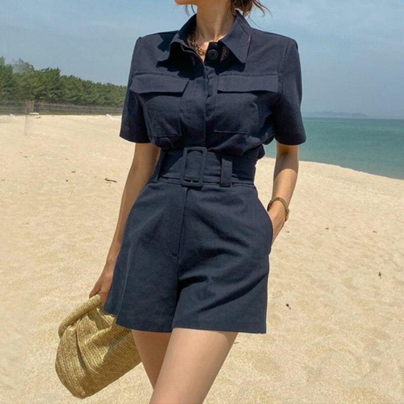 New Arrival Sheer Womens Casual Two Piece Set Singer Breasted Shirts with Pocket and Shorts Ladies OL Office Work Suit Set