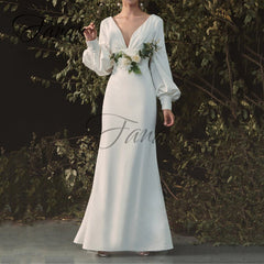 Lizakosht V-Neck Backless Mermaid Wedding Dresses Long Sleeve Satin Floor-Length Bridal Gown vestido de noiva robe de mariée