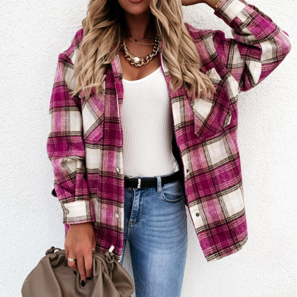 Women Vintage Warm Shirt Jacket Autumn Winter Plaid Long Shirt Jacekt Casual Loose Buttons Pockets Turn down Shirt Coat