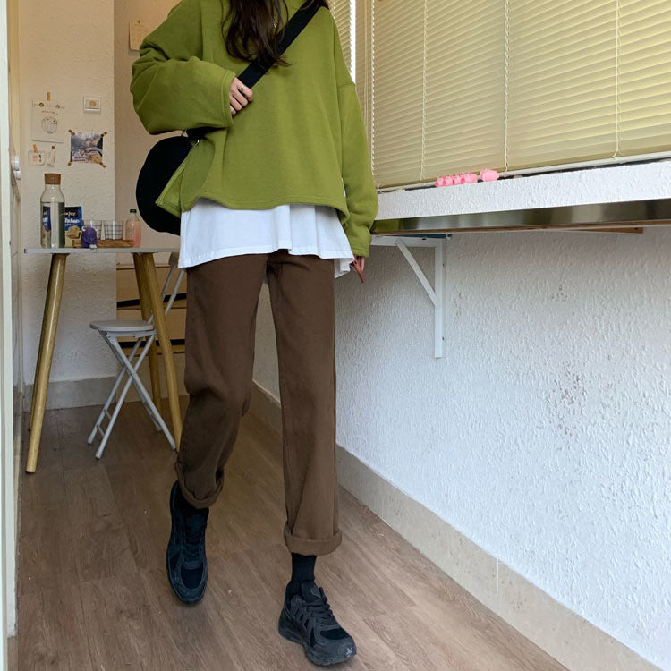 Autumn New Brown Straight Denim Vintage Slender Office Lady Jeans Women Trousers High Waist Large Size Pants Female KZ703