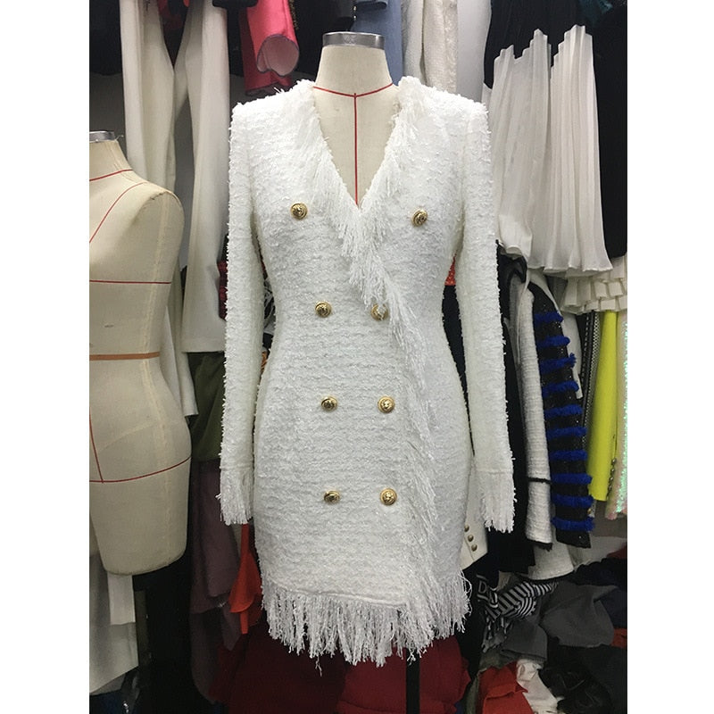 Tweed Long Sleeve Dress Autumn Winter Women 2022 Sexy Tassel V-neck Double Breasted Button White Black Thick Dress High Quality