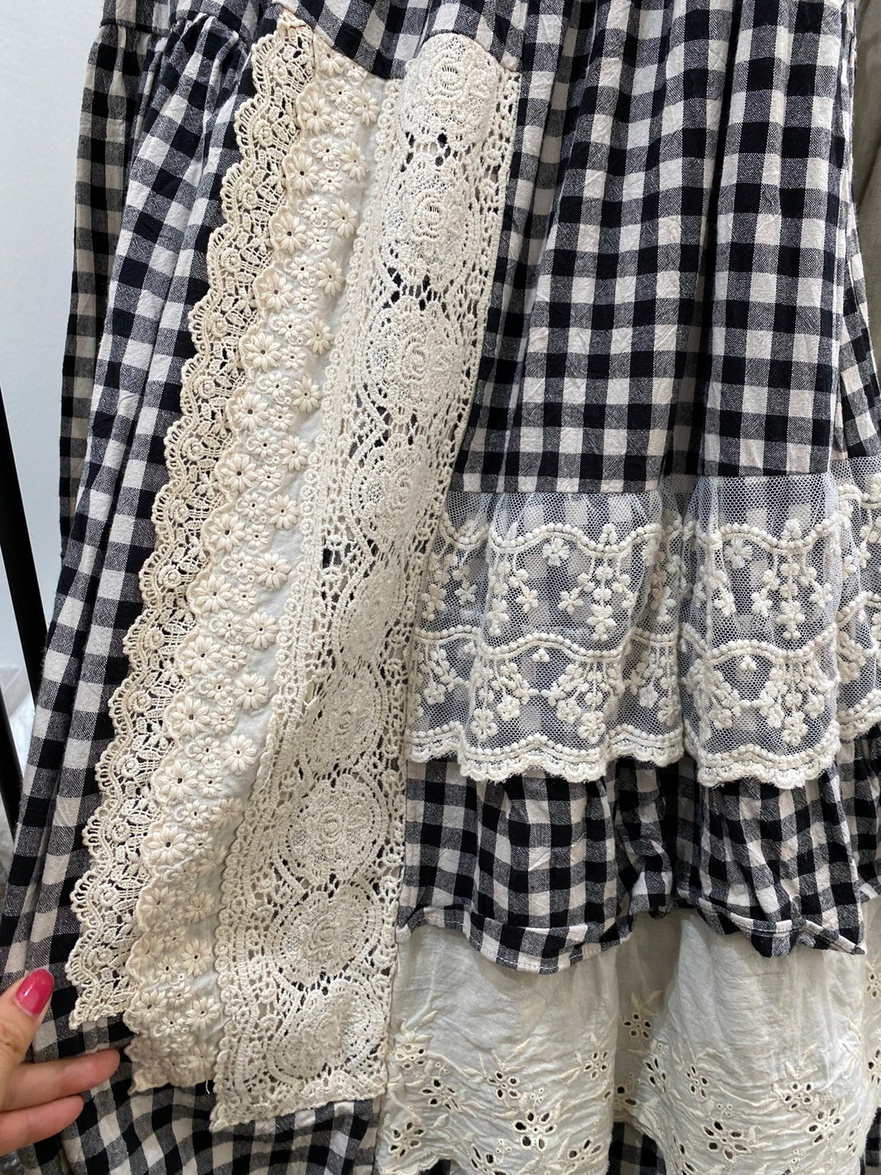 New Mori women's elastic waist plaid skirt lace stitching asymmetric Ruffle cake skirt female 6863