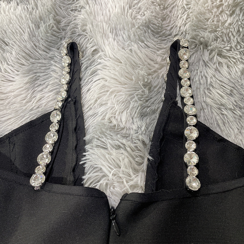 Lizakosht  2022 Ladies Spaghetti Straps V-neck Sexy Tight Bandage Dress Crystal Diamond Design Celebrity Runway Party Club Dress