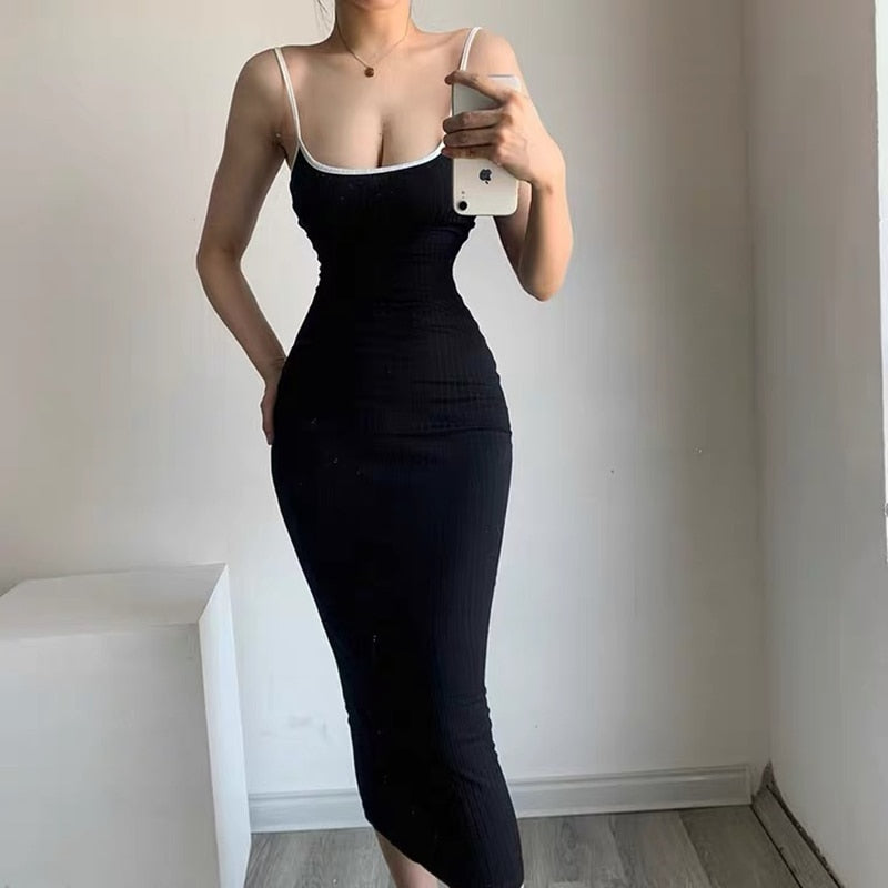 Summer New Sexy Sling Dress Hit Color Edging Solid Color Stretch Bag Hip Pencil Dress Fashion Ins