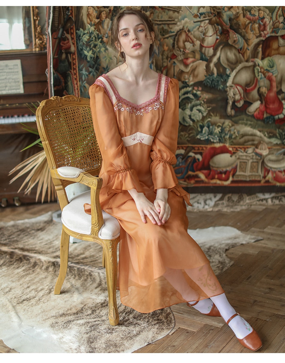 Lizakosht Spring Autumn Dress Women Vintage Elegant Slim Midi Dress Sweet Mori Girl Retro Embroidery Long Sleeve Lace Patchwork Long Dress