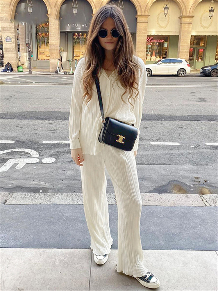 Lizakosht New Luxury Pleated Women's Set Oversized Two Piece Set Turn Down Collar Shirt Top And Pants Sets Casual High Street