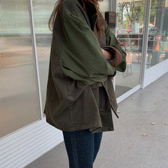 Lizakosht  Korean Thick Autumn Vintage Lapel Casual Style Loose Full Lantern Sleeve Coats and Jackets Women Army Green Streetwear