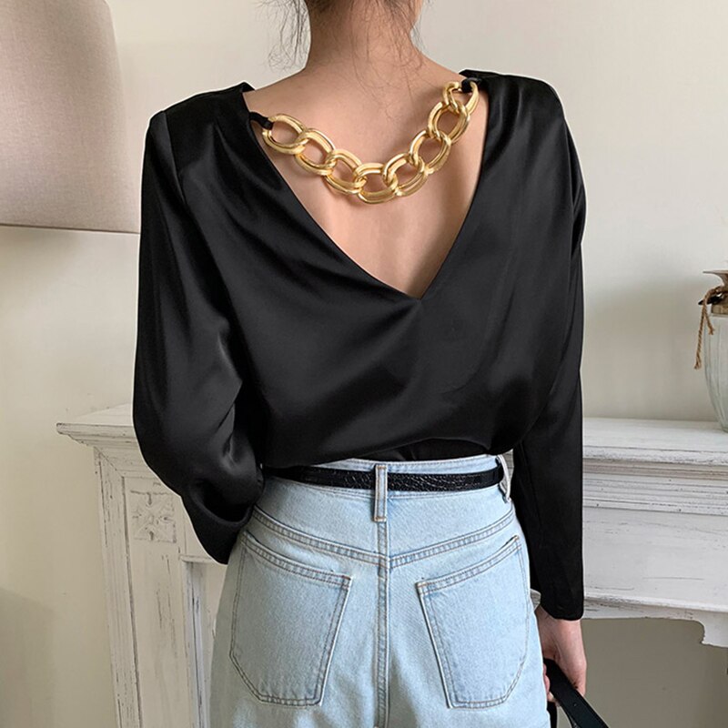 Lizakosht Women's shirt autumn new V-neck metal chain decoration Slim all-match long-sleeved shirt