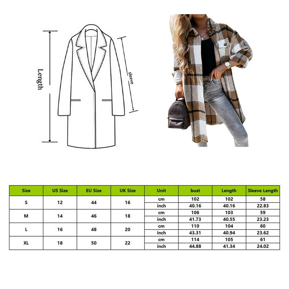 Women Vintage Warm Shirt Jacket Autumn Winter Plaid Long Shirt Jacekt Casual Loose Buttons Pockets Turn down Shirt Coat