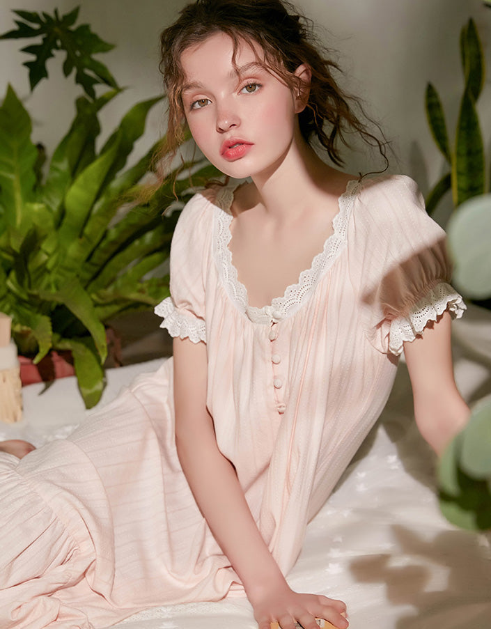 Summer Women‘s Cotton Pink Princess Sleepshirts Vintage Ladies Girls Lace Nightgowns Nightdress Cute Home Lounge Sleepwear
