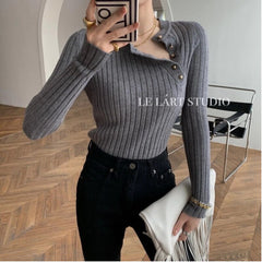 Autumn Elegant Women's Diagonal-Breasted Pullover Sweater Slim Long-Sleeved Knitted Top Ladies Bottoming Shirt