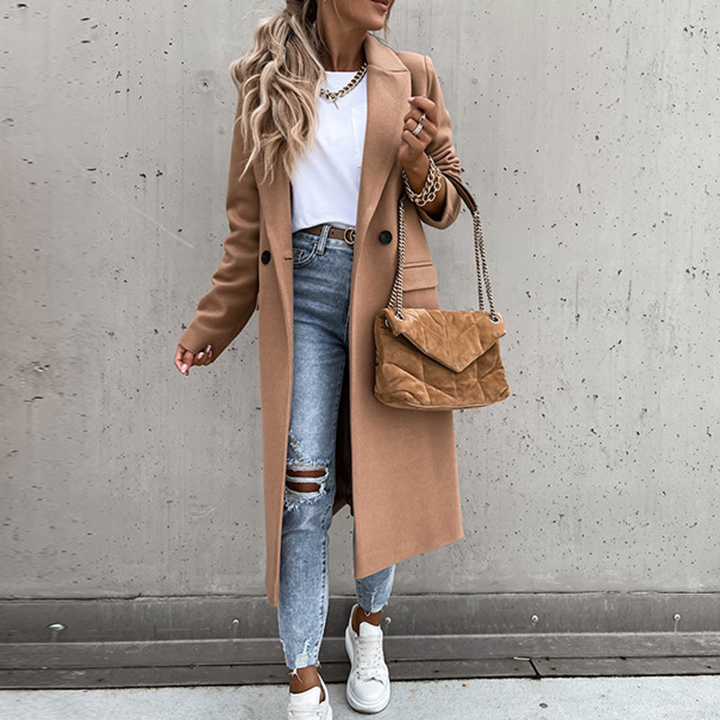 New Fashion Elegant Women Long Overcoat Autumn Winter Turn-Down Collar Woolen Coat Tops Office Lady Casual Loose Outwear