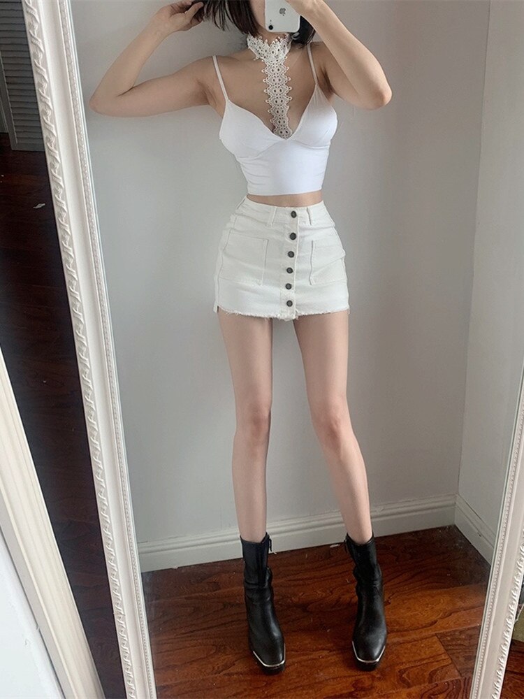 Streetwear Summer White Mini Skirts Y2k High Waisted Single Breasted High Waisted Jeans  Tight Skirt Shorts Aesthetic