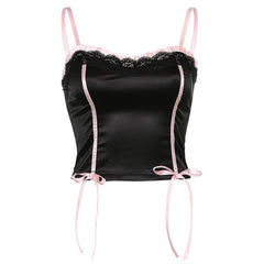Summer New Black Aesthetic Cami Crop Patchwork Lace Trim Vintage Girl Clothes Sexy Slim Contrast Stitched Lace Up Tops